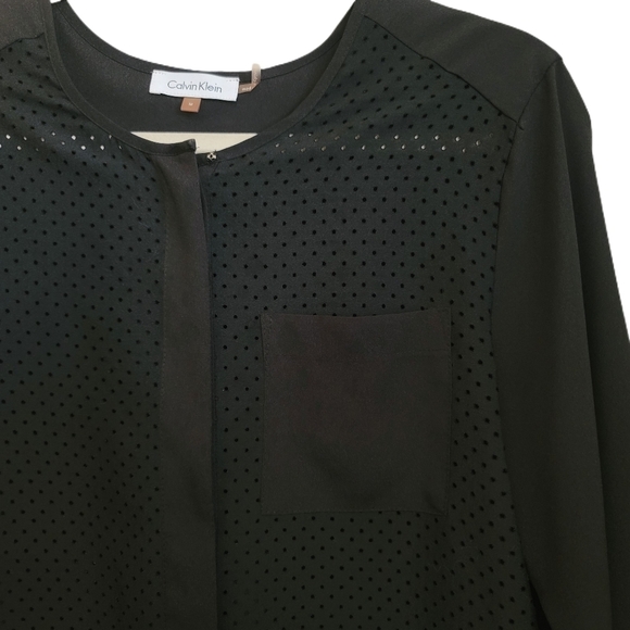 Calvin Klein Top Womens M Medium Black Button Up Cut Out Semi Sheer Long Sleeve - Picture 2 of 6